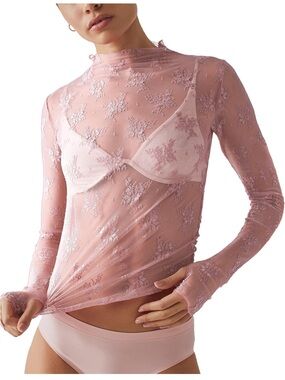 Sheer Floral Lace Mock Neck Top - Pink